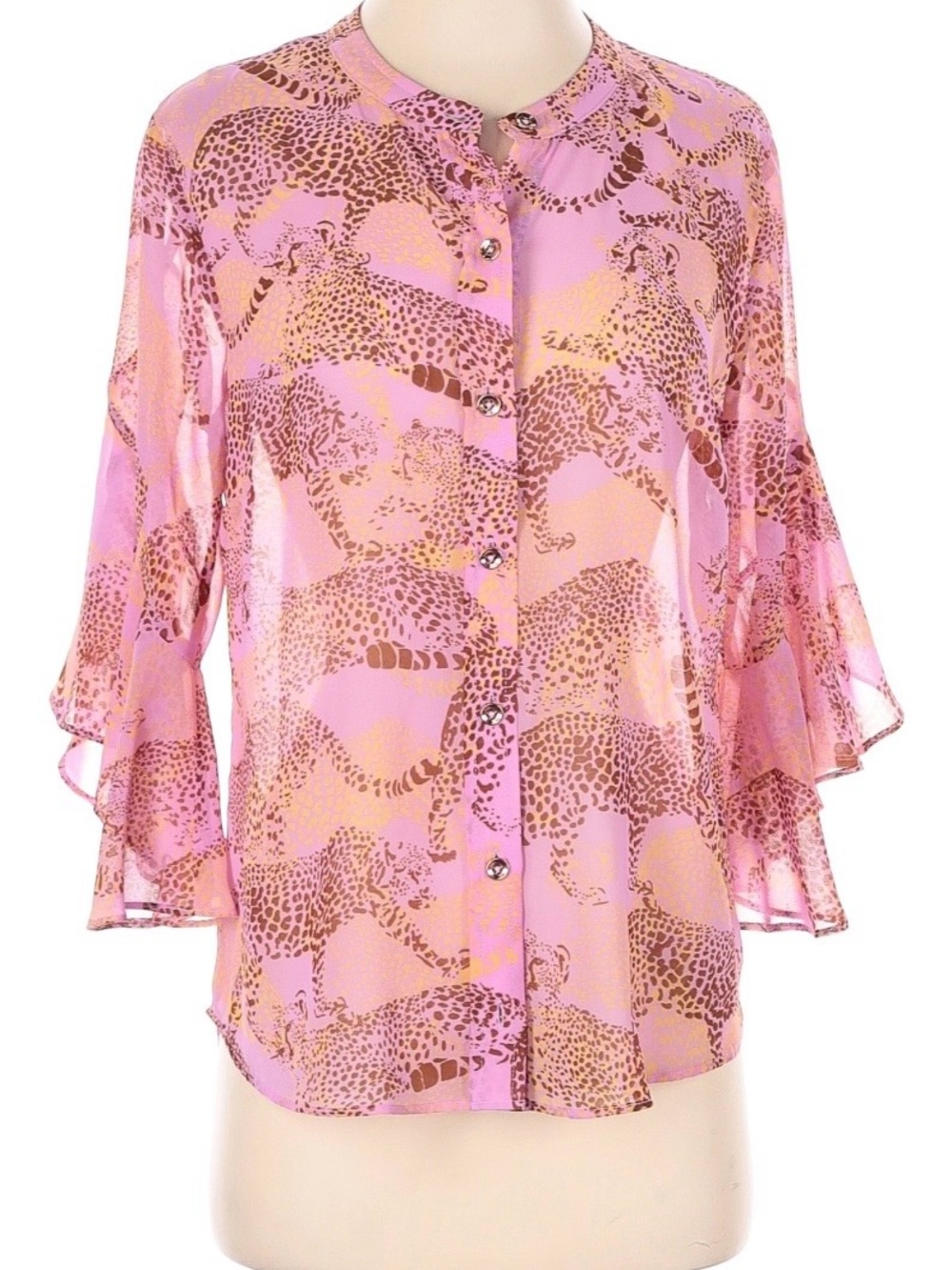 CAbi Pink and Gold Leopard-Print Ruffle-Sleeve Button Blouse
